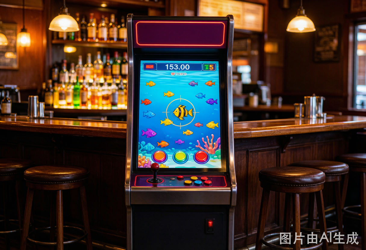 Commercial fish arcade cabinet in a North American bar, steel frame, ticket-redemption config