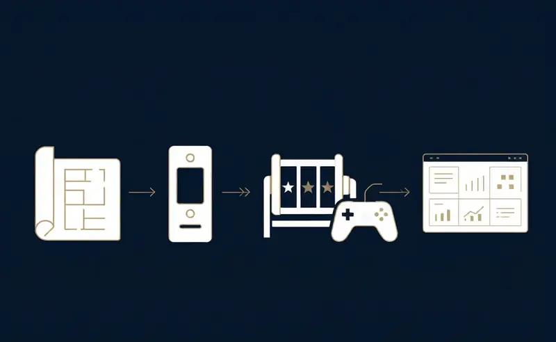 Custom-dev pipeline: concept → cabinet → game content → platform/CMS