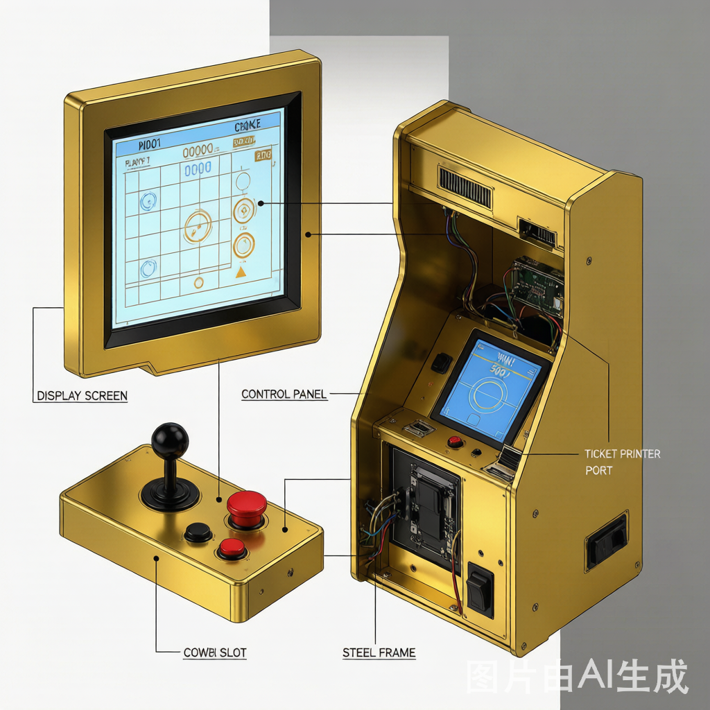 Exploded technical diagram of a skill game cabinet